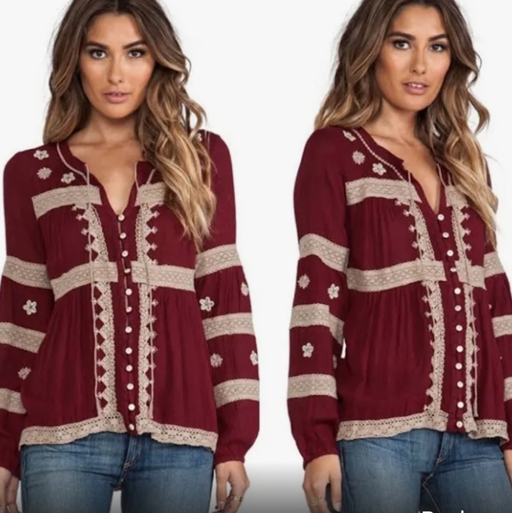 Free People Burgundy and Beige Blouse